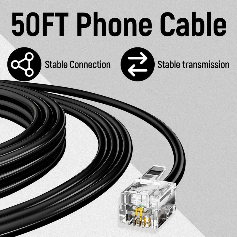 Uvital كابل خط تمديد الهاتف، 50 قدم أسود طويل، كابل هاتف RJ11 6P4C لخطوط الهاتف/آلة الفاكس - Image 3